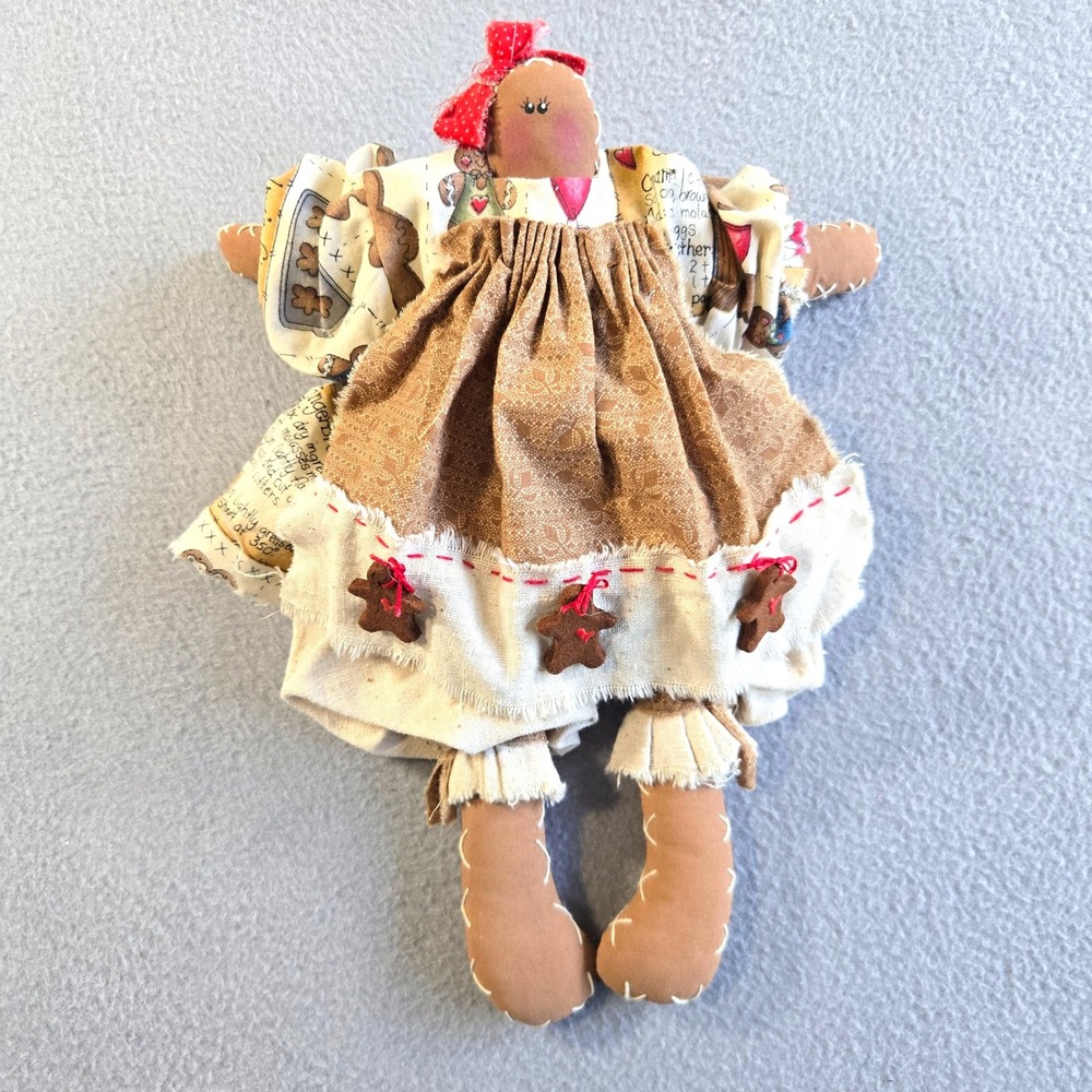 Handmade Gingerbread Girl Rag Doll OS Brown Folk Art Primitive Christmas Decor